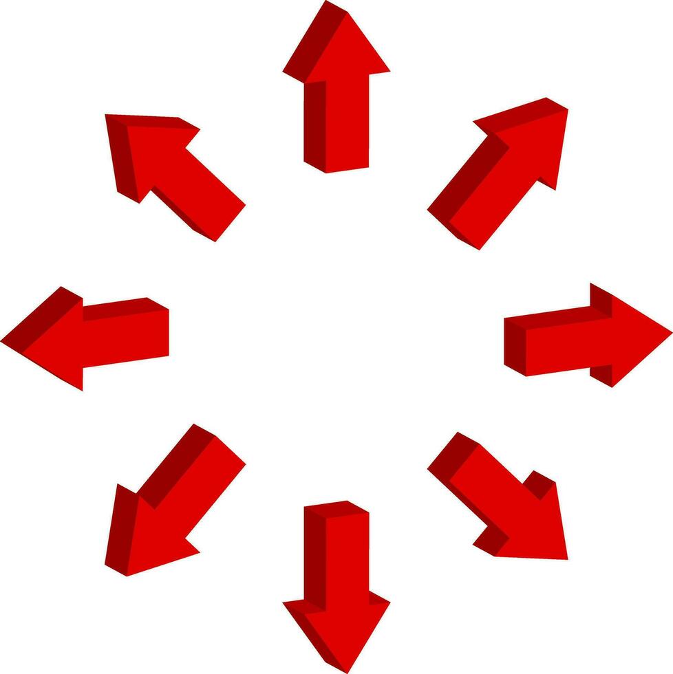3d arrow sign vector. Right, down, up and down symbol. Red pointer collection. vector