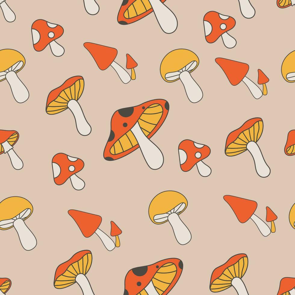 seamless pattern with groovy mushroom 70s vector