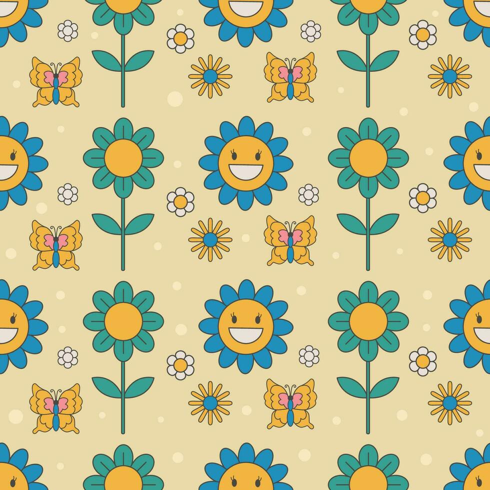 seamless pattern with groovy flowers stickers 70s vector