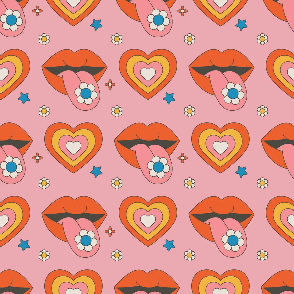 seamless pattern with groovy stickers 70s vector