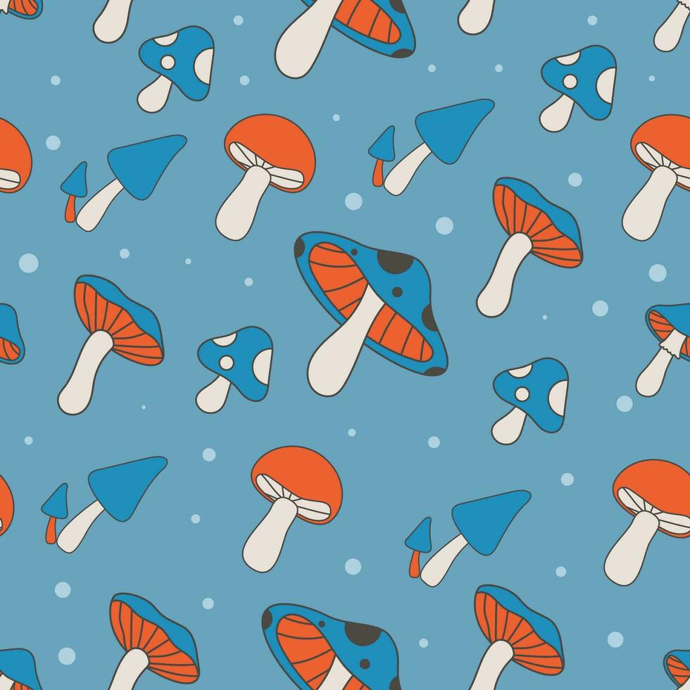 seamless pattern with groovy mushroom 70s vector