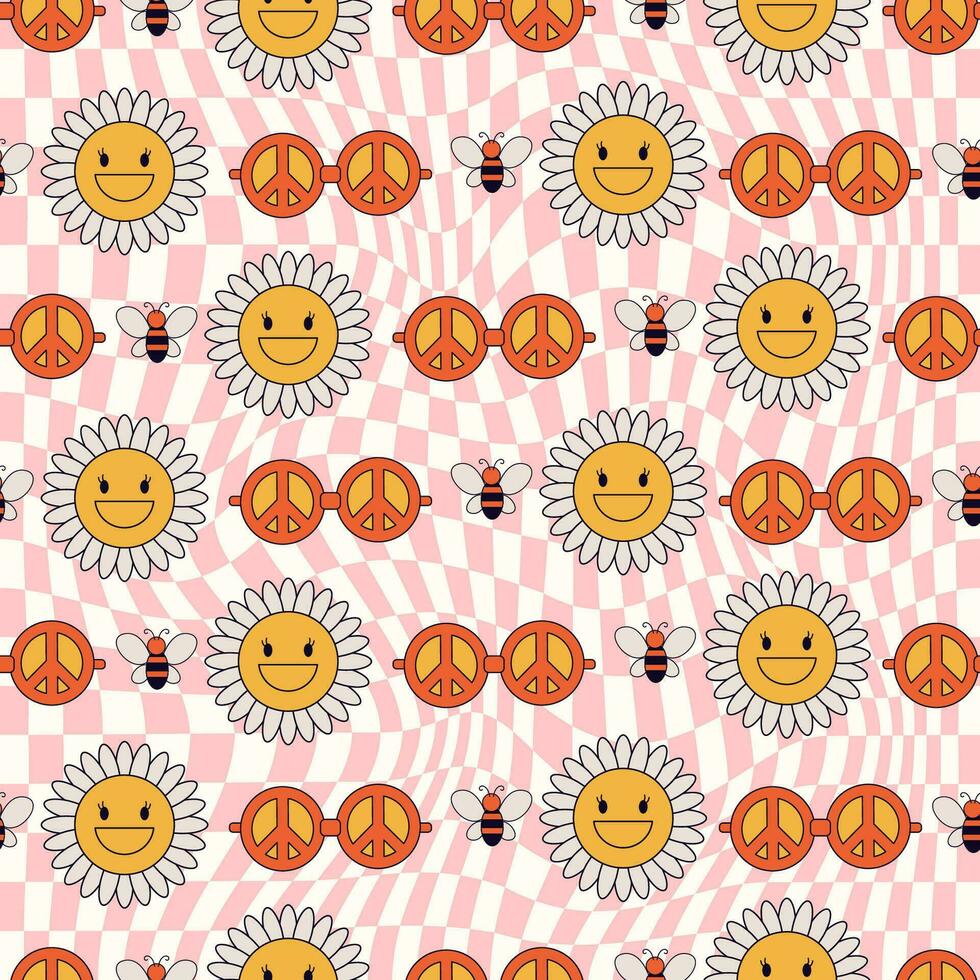 seamless pattern with groovy flowers 70s vector