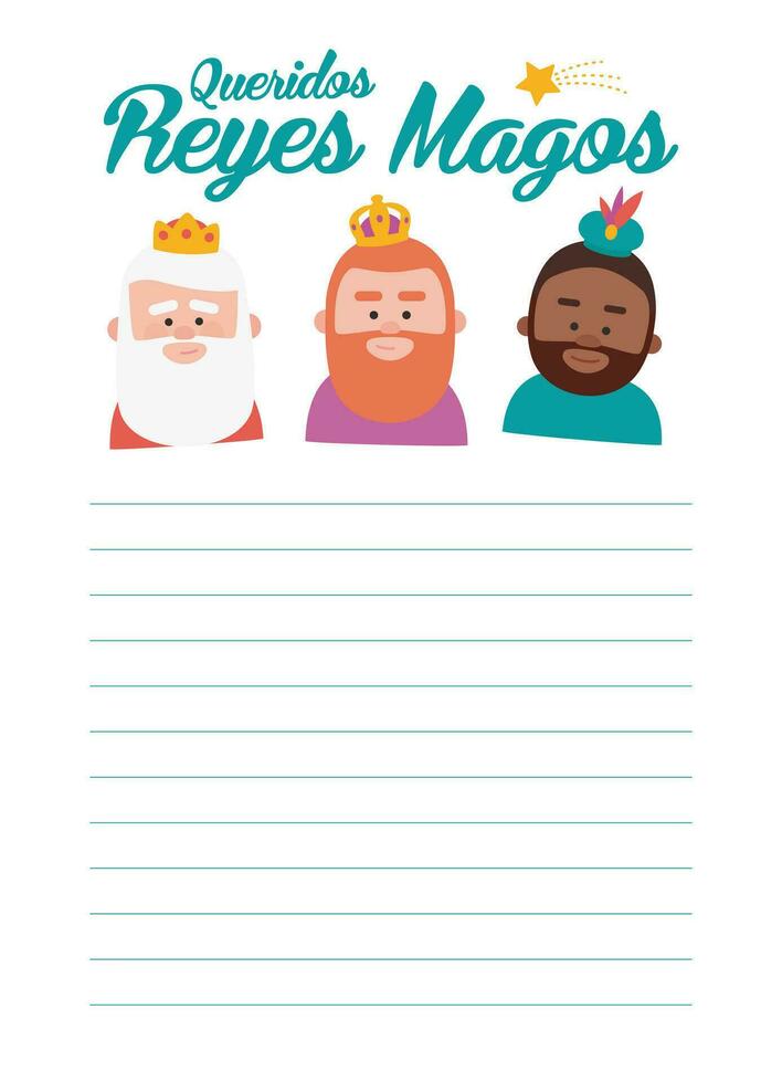 Funny vectorized letter. Dear wise men, written in Spanish. Kings of orient vectors