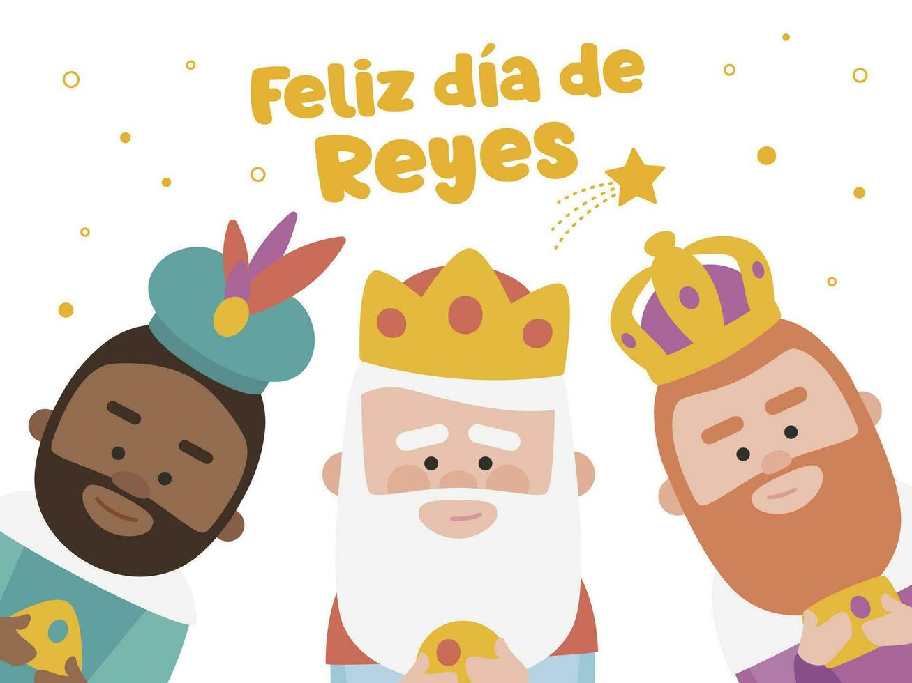 Happy epiphany written in spanish. Three funny wise men. Kings of orient on blue background. Christmas vectors