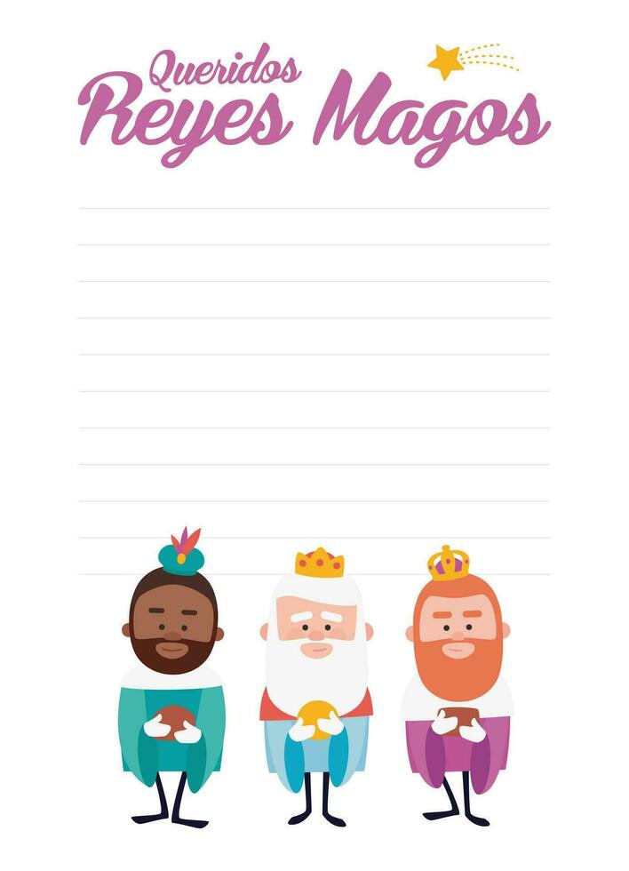 Funny vectorized letter. Dear wise men, written in Spanish. Kings of orient vectors