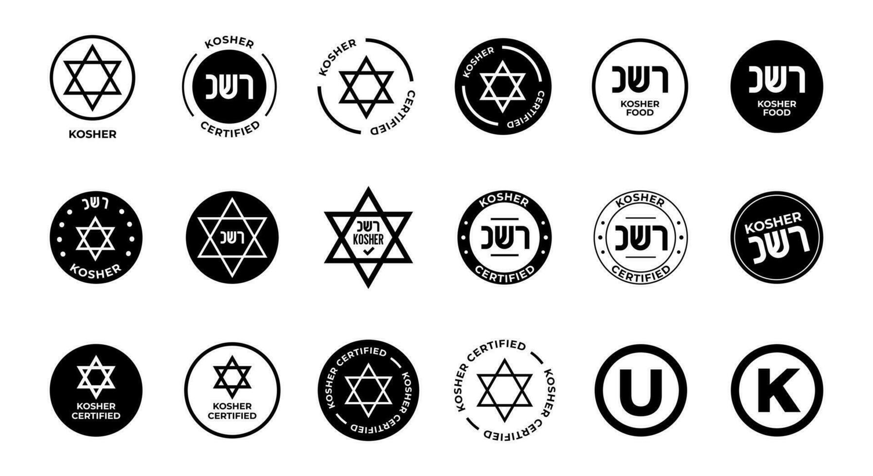 Amazing Set of Kosher Certified symbols. International symbols of kosher food. Packaging concept. vector