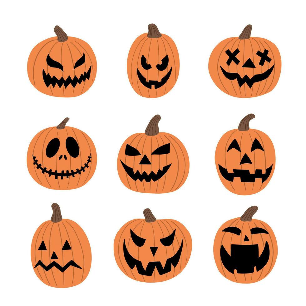 Collection of halloween pumpkins. Collection orange pumpkins with scary spooky smile. Hand drawn vector illustration