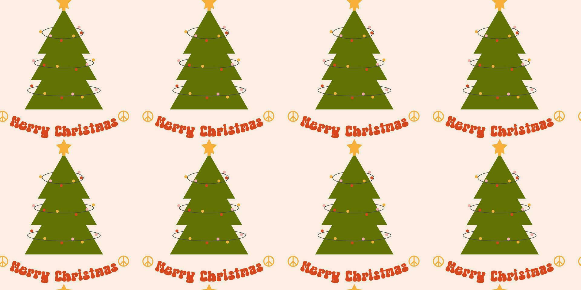 Seamless pattern with Christmas tree, peace sign, phrase Merry Christmas. Groovy vector illustration