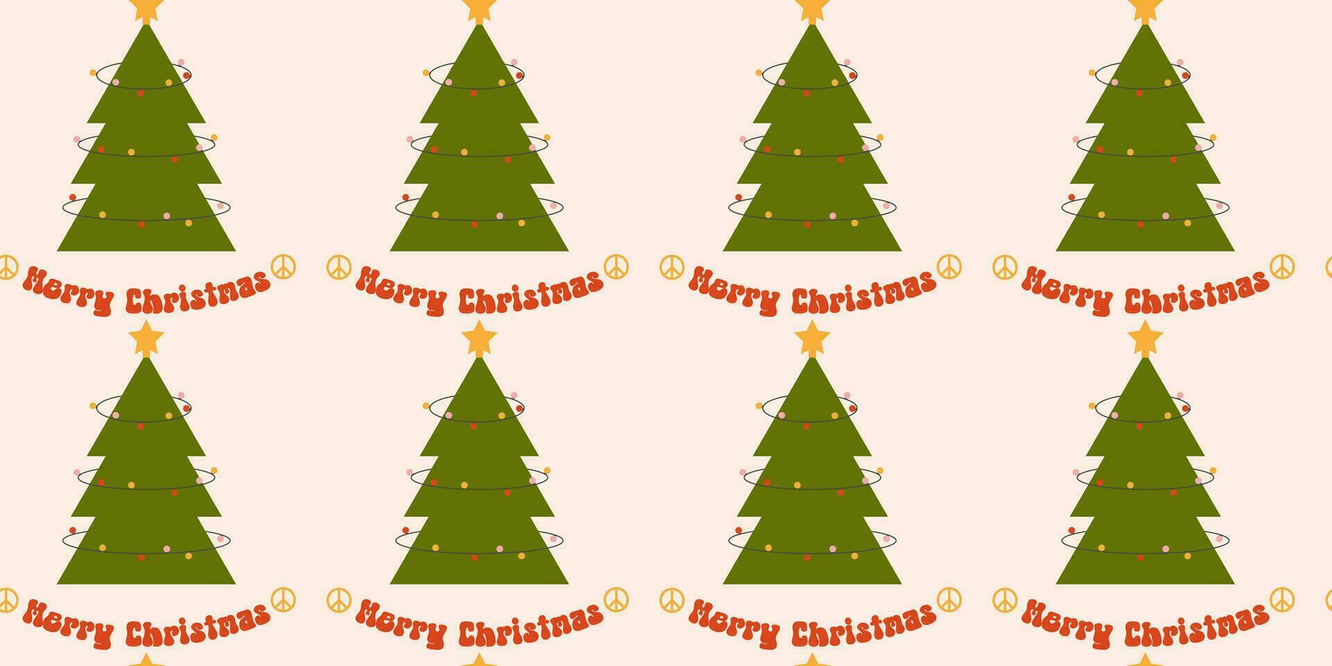 Seamless pattern with Christmas tree, peace sign, phrase Merry Christmas. Groovy vector illustration