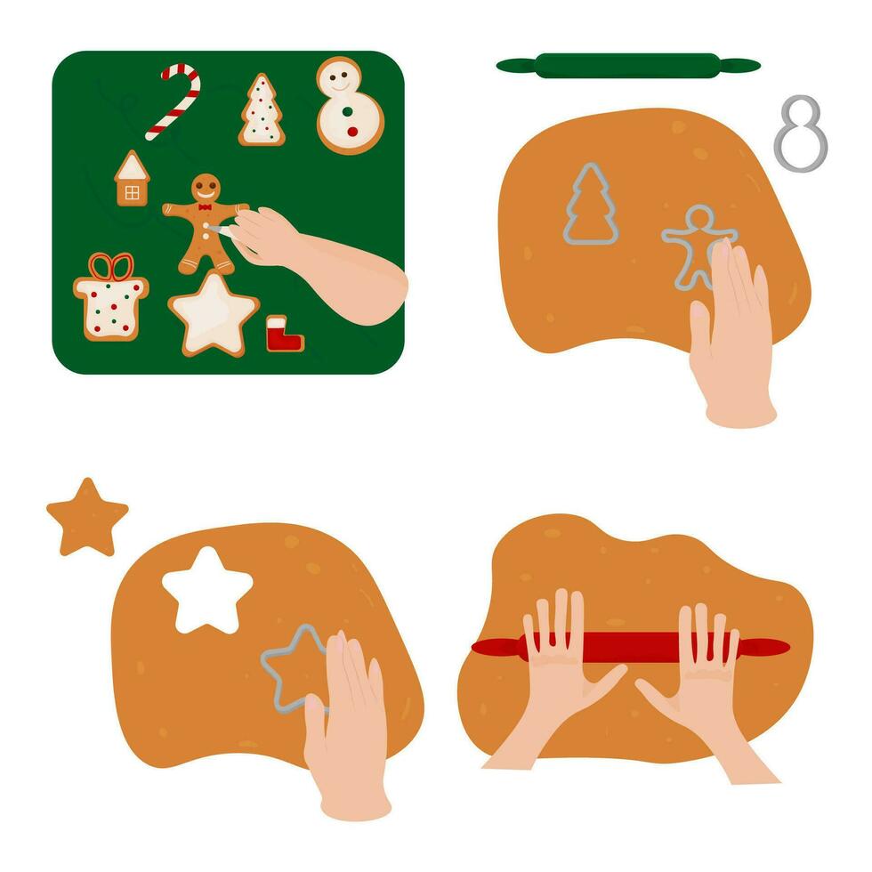 The stages of making holiday cookies. The hand rolls out the dough, cut out the shapes from the dough, draw patterns on Christmas cookies. Cooking ginger cookies. Cartoon style. vector illustration.