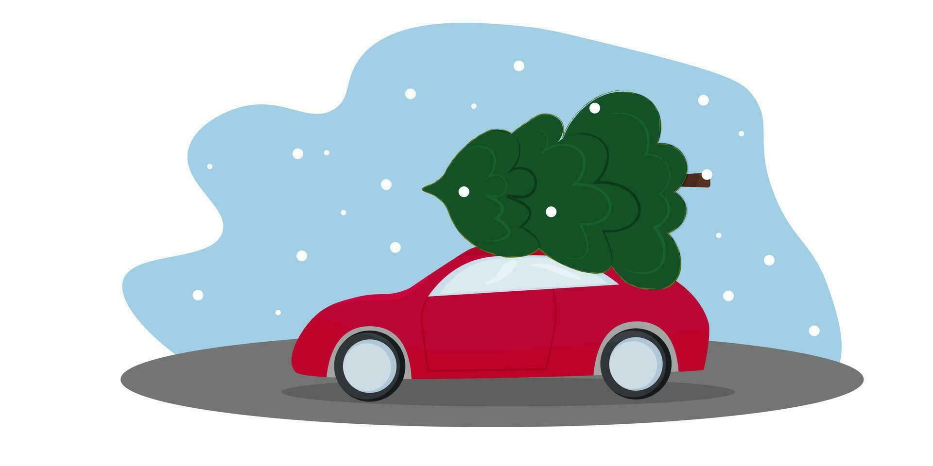 volantes modelo con un rojo coche que lleva un Navidad árbol en el techo. vector ilustración. invierno ilustración.