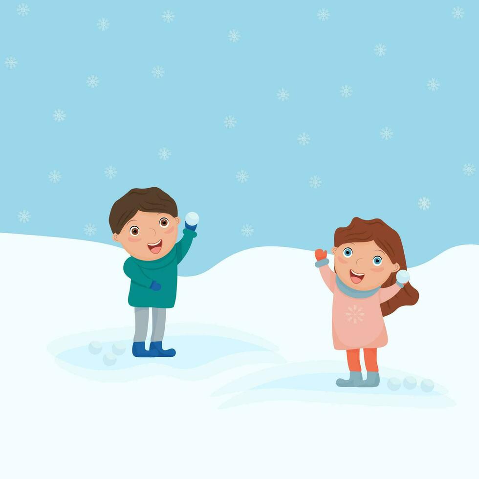 niños jugar bolas de nieve en naturaleza . invierno juegos. vector ilustración.