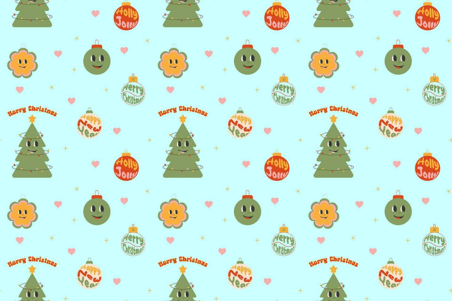 Seamless pattern with Christmas tree, colored balls, phrase Merry Christmas, Holly Jolly. Groovy vector illustration