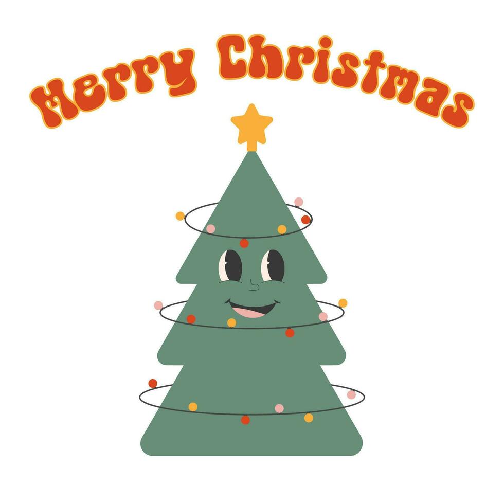 A Christmas tree with garland and a star in a fashionable groovy style. vector pattern For postcards, posters, banners