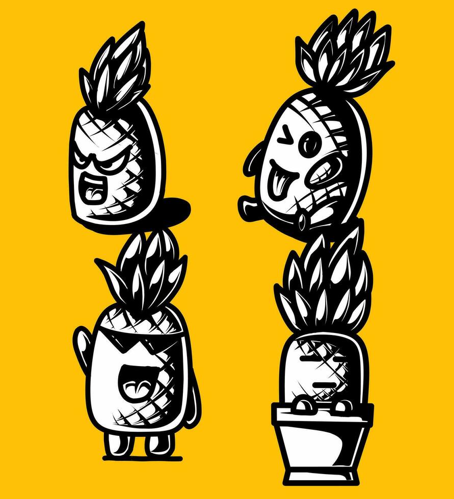 an illustration of a pineapple mascot bundle in black and white vector