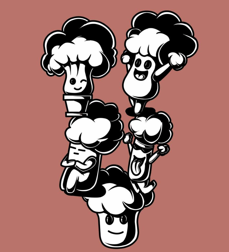 an illustration of a broccoli mascot bundle in black and white vector