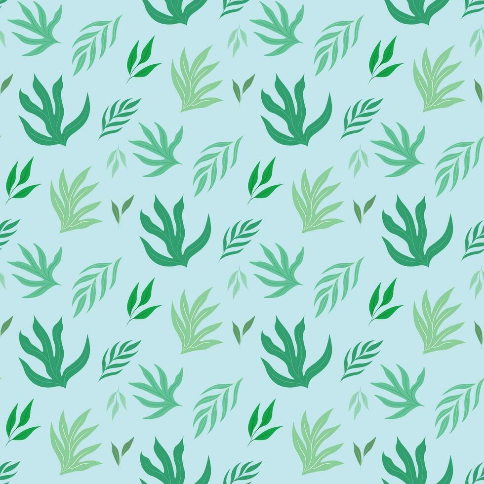 Green background with plant pattern, flat vector, leaves similar to seaweed, hand drawn vector