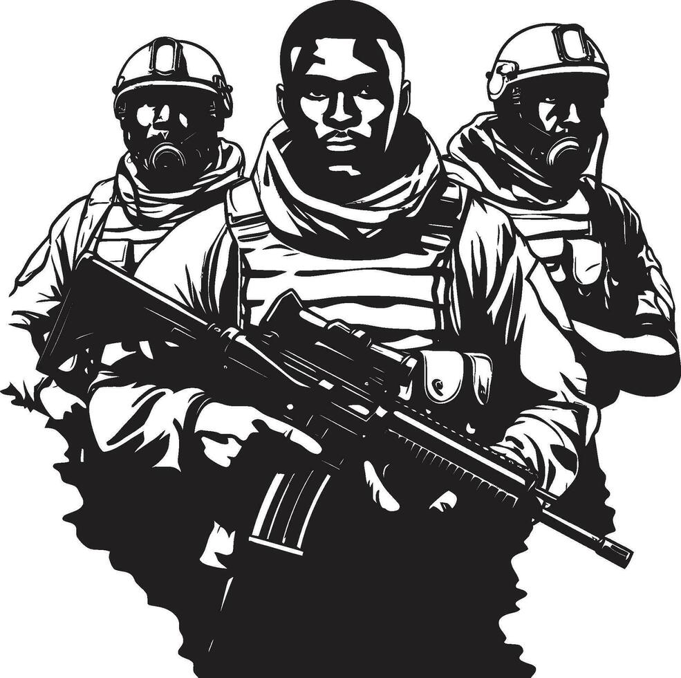 soldados en oscuridad negro vector exhibiendo silencio vigilancia el Arte de valentía monocromo vector retrato de valiente compromiso