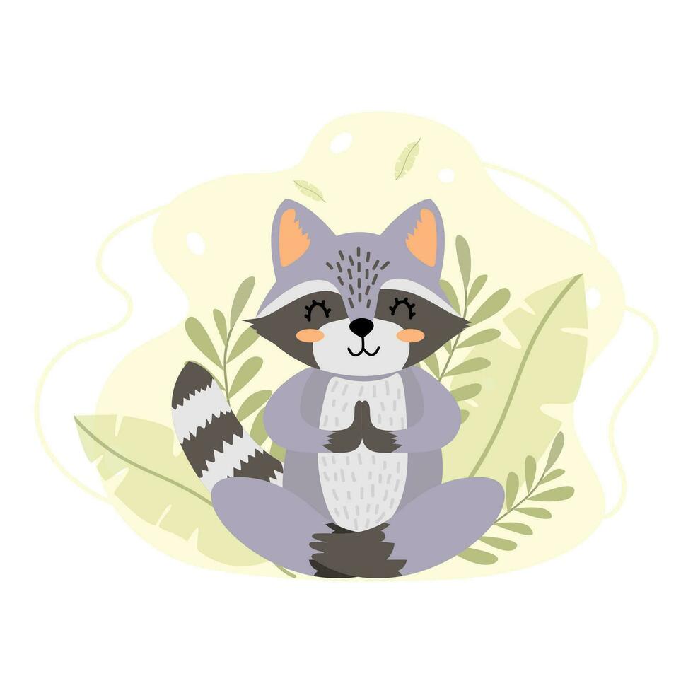 Raccoon is engaged in yoga. Vector illustration of a meditating animal. Forest animal. Cute raccoon in cartoon style on the background of leaves. Creative illustration. T-shirt print. Isolated