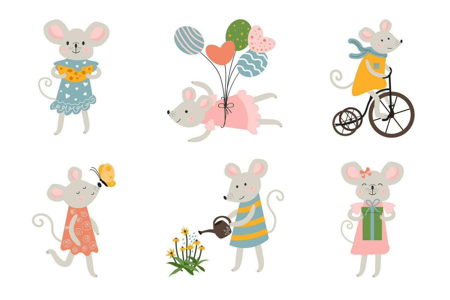 Vector set with cute mice. Adorable gray mice. Mouse flying on balloons, watering flowers, eating cheese. Cartoon gray mouse in a beautiful dress. White isolated background.