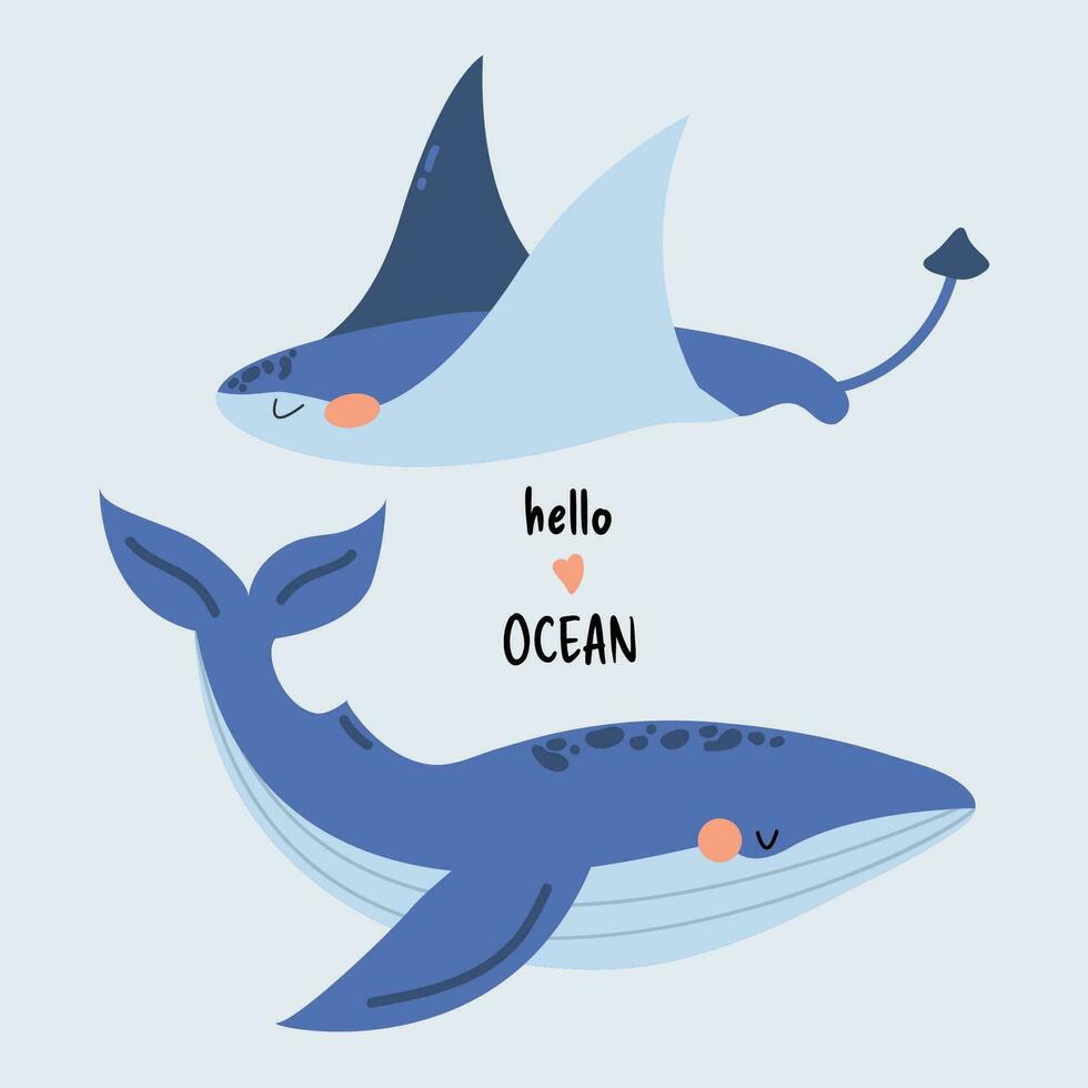 Vector illustration with a cute whale and a stingray. Underwater animals in cartoon style. Print for clothes. Blue isolated background. Marine life. Hello Ocean lettering.