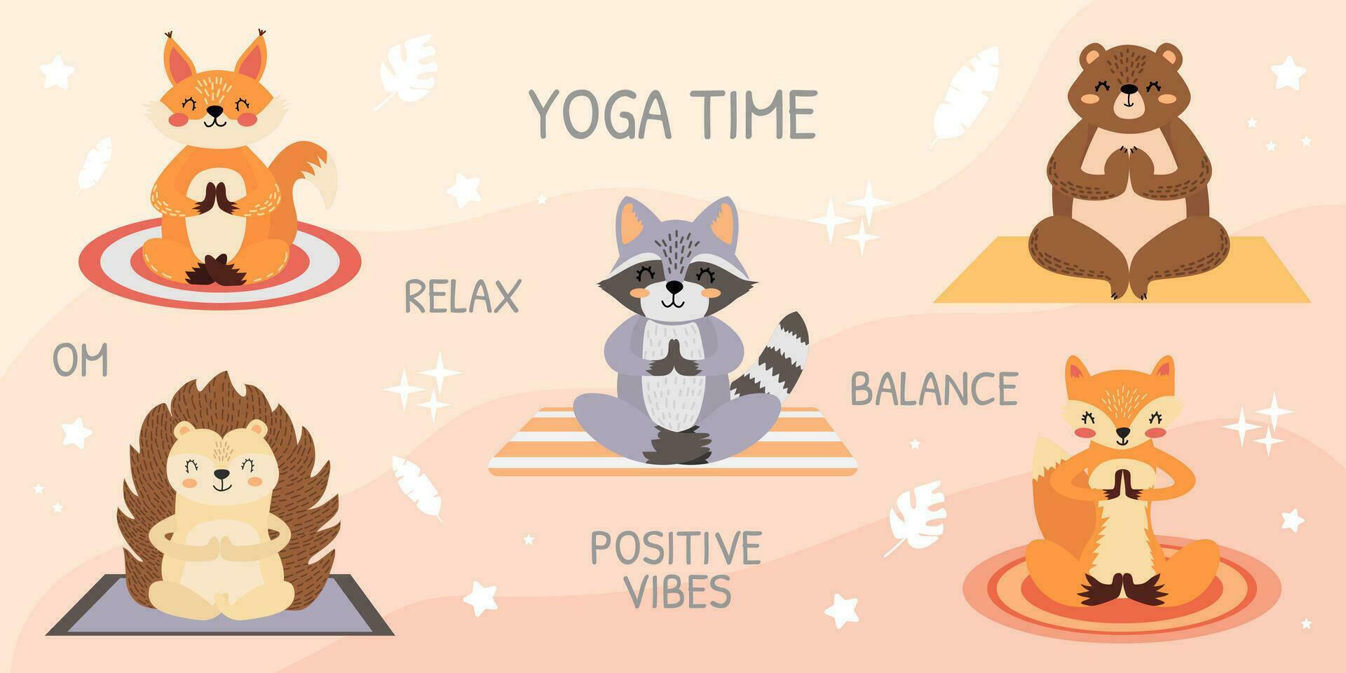 vector conjunto de bosque animales haciendo yoga. mapache, zorro, ardilla, oso, erizo. meditación conjunto con animales linda animales en dibujos animados estilo. animales aislado en rosado antecedentes. yoga tiempo.