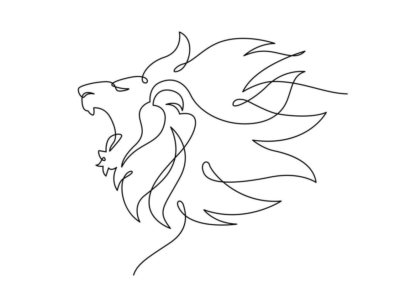 Lion roaring portrait side face, Continuous line art drawing style, Design template linear minimal style. Vector design illustration.