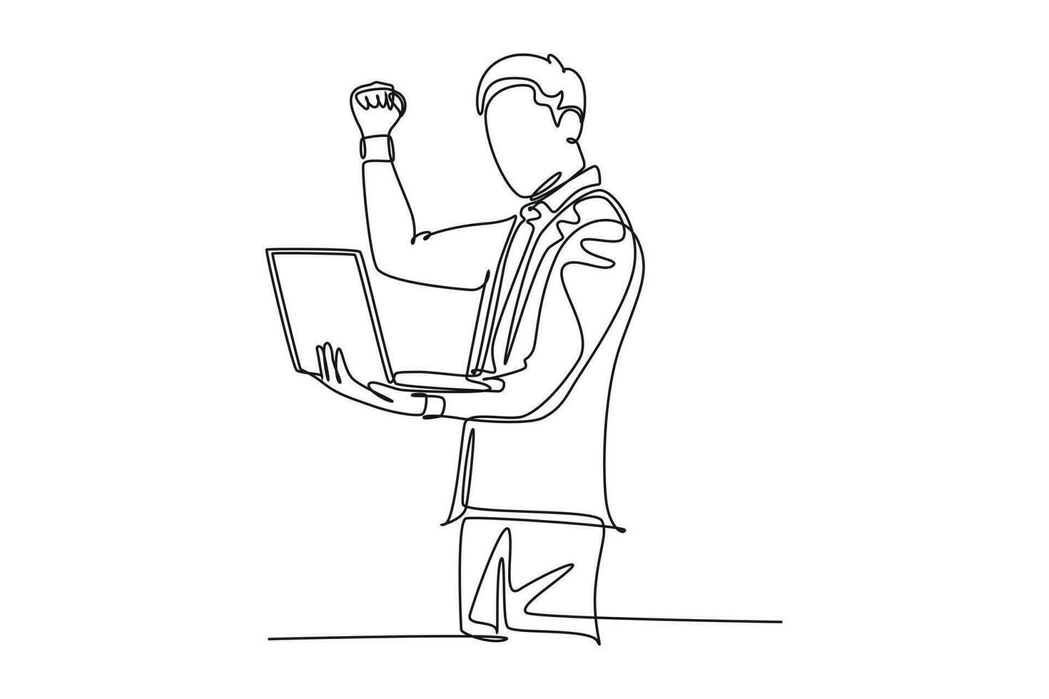 Continuous one line drawing of young happy CEO holding a laptop to read business contract agreement. Business deal successful celebration concept. Single line draw design vector graphic illustration