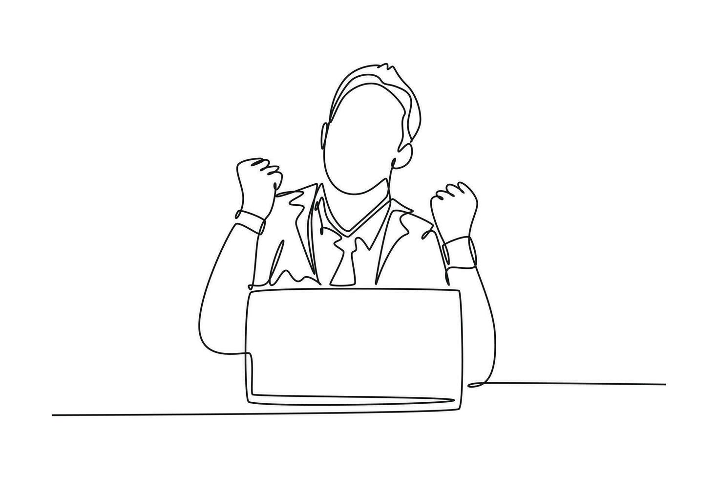 Continuous one line drawing of young happy business man sitting on chair and open laptop to read business contract agreement. Business deal concept. Single line draw design vector graphic illustration