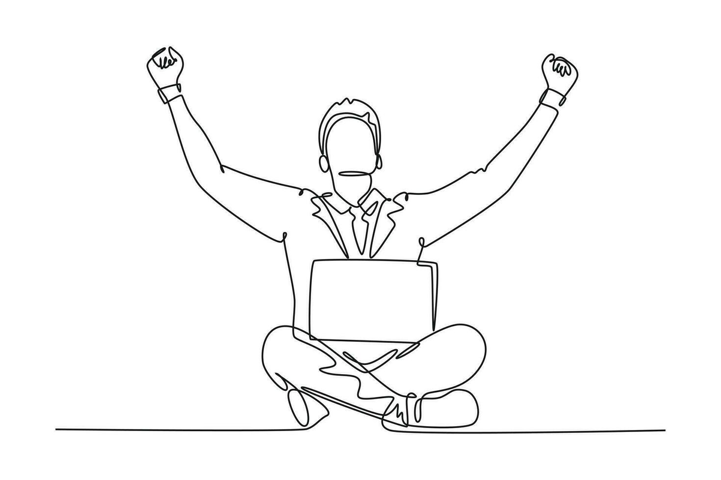 Continuous one line drawing young happy male manager sitting on floor and clenched fist raise in the air while on a laptop. Success business deal. Single line draw design vector graphic illustration