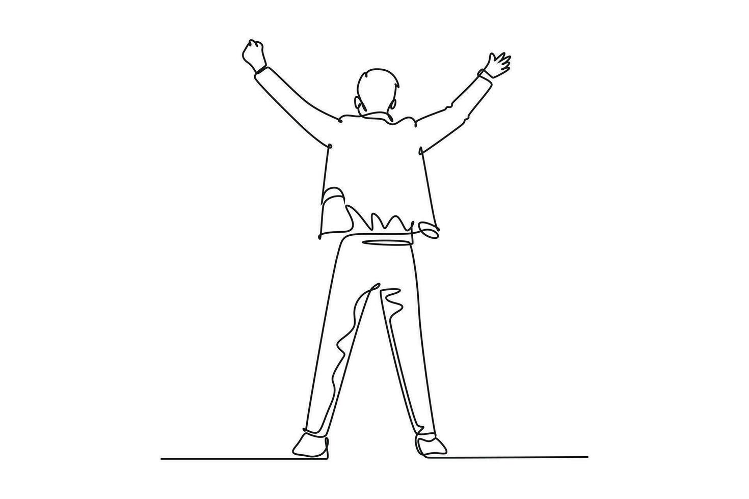 Continuous one line drawing back view young happy business man standing and fist his hands to the air to celebrate success. Business deal concept. Single line draw design vector graphic illustration