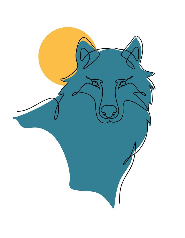 Wolf portrait front face, Continuous line art drawing style, Design template linear and color abstract minimal style. Vector illustration.