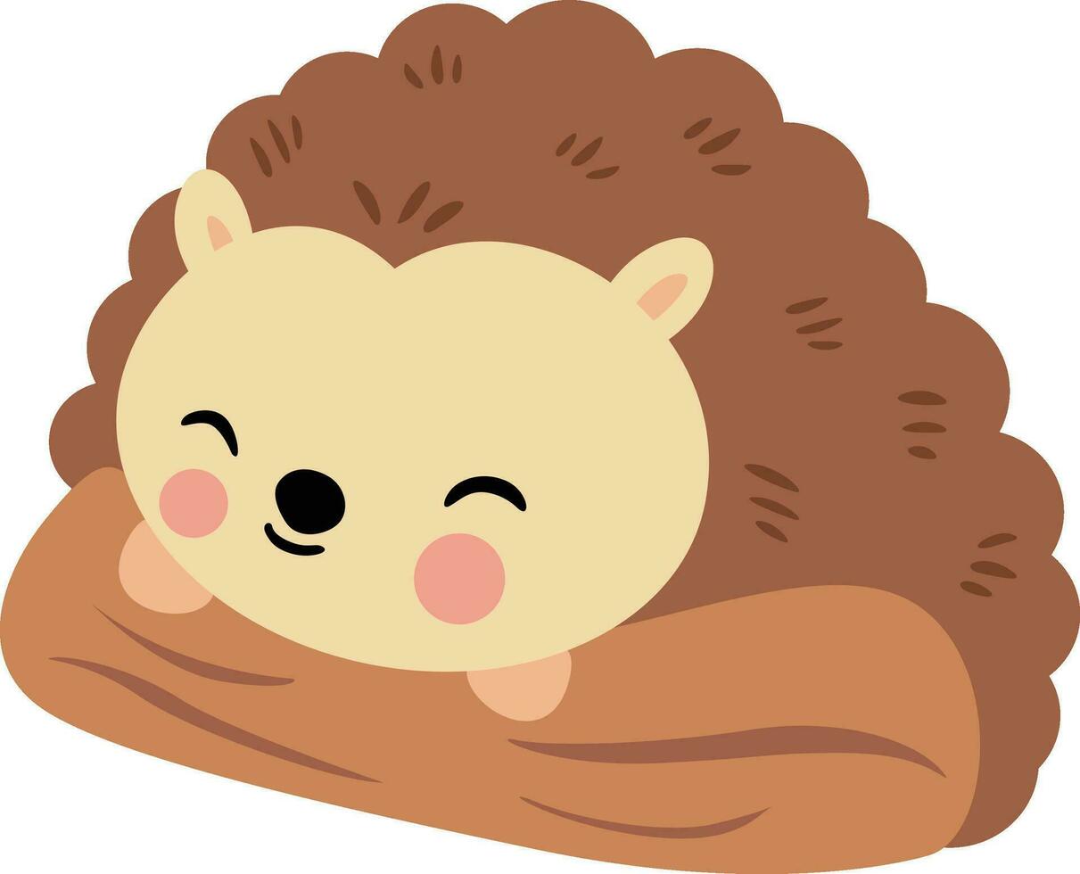 Cute brown hedgehog sleeping on tree trunk vector