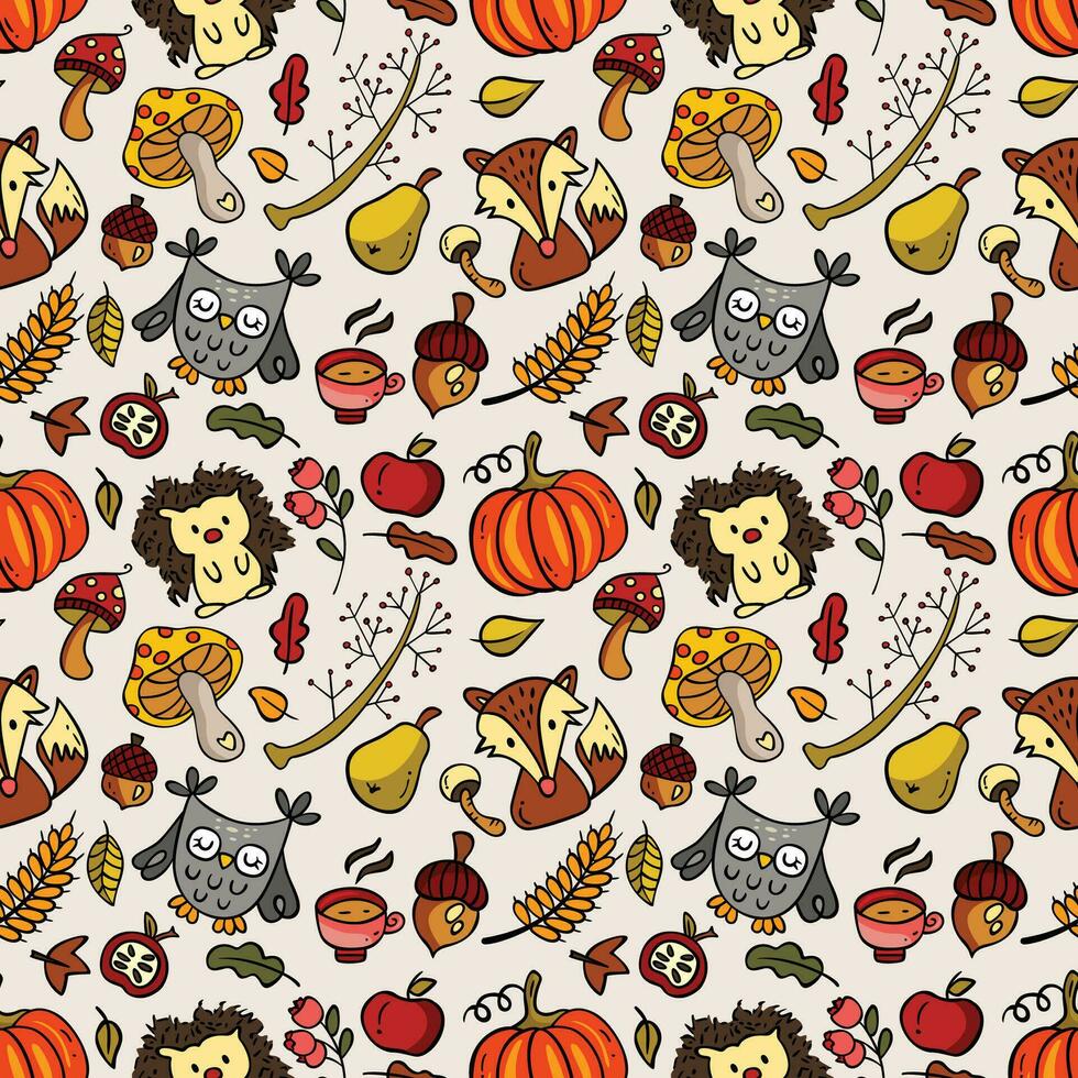 Seamless autumn background with fall season items vector