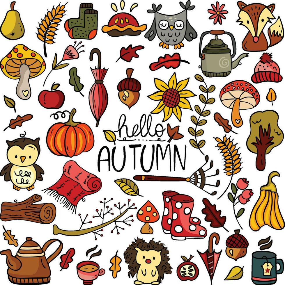 conjunto de mano dibujado garabatear elementos acerca de otoño vector