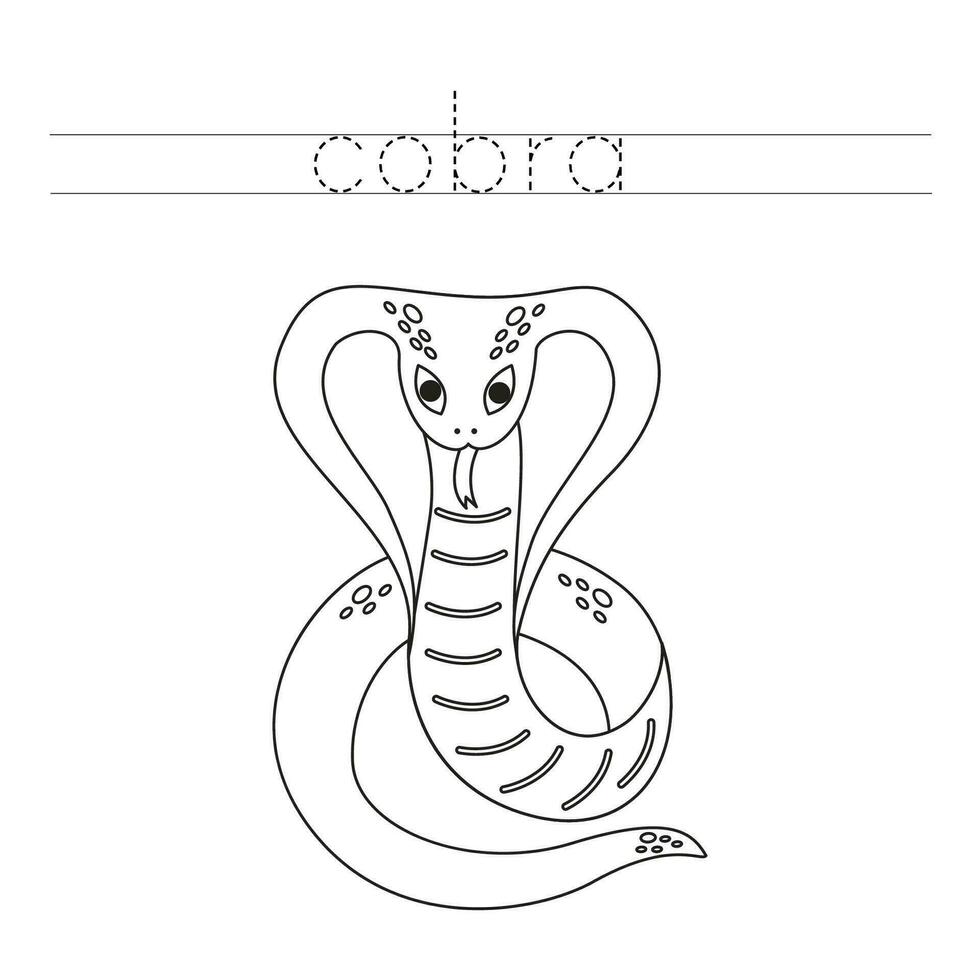 Trace the letters and color cartoon cobra. Handwriting practice for kids. vector