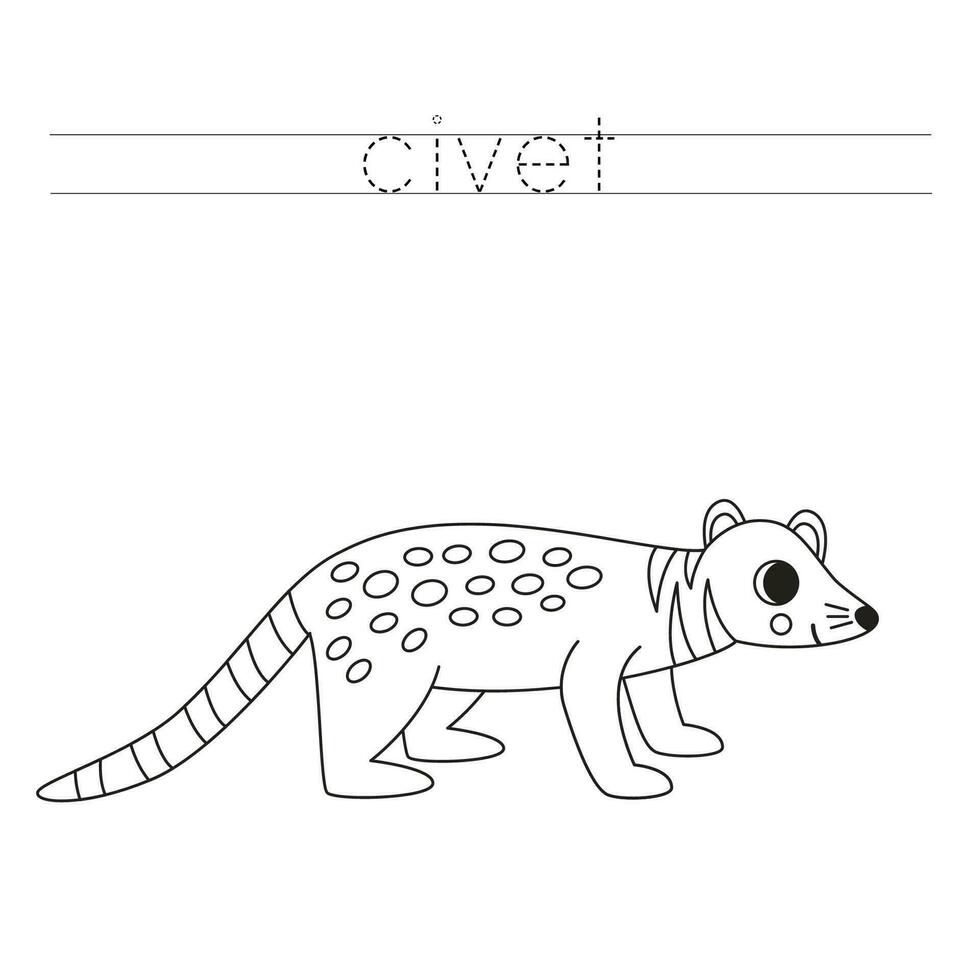 Trace the letters and color cartoon civet. Handwriting practice for kids. vector