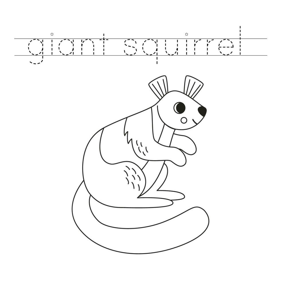 Trace the letters and color cartoon giant squirrel. Handwriting practice for kids. vector