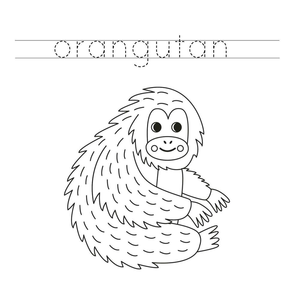 Trace the letters and color cartoon orangutan. Handwriting practice for kids. vector