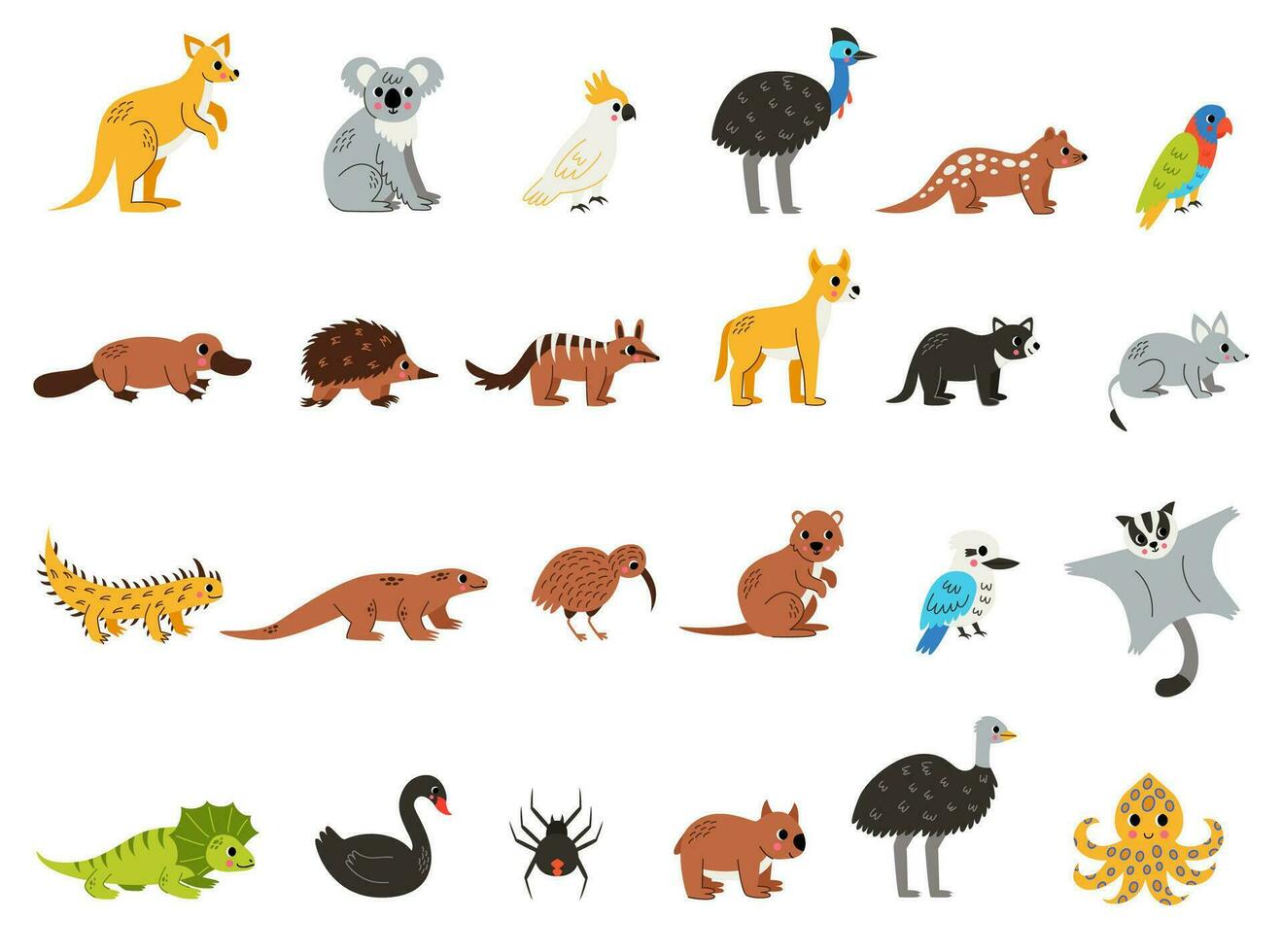 Set of cute Australian animals in cartoon style on white background. vector