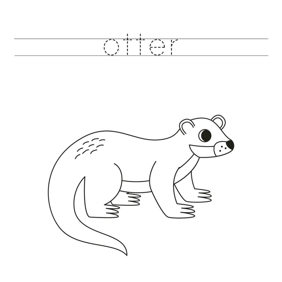 Trace the letters and color cartoon otter. Handwriting practice for kids. vector