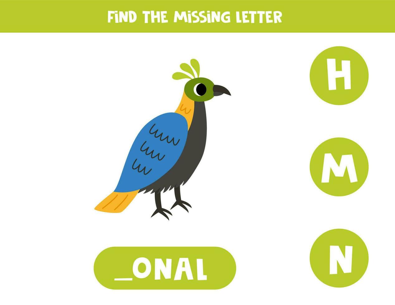 Find missing letter with cartoon monal bird. Spelling worksheet. vector