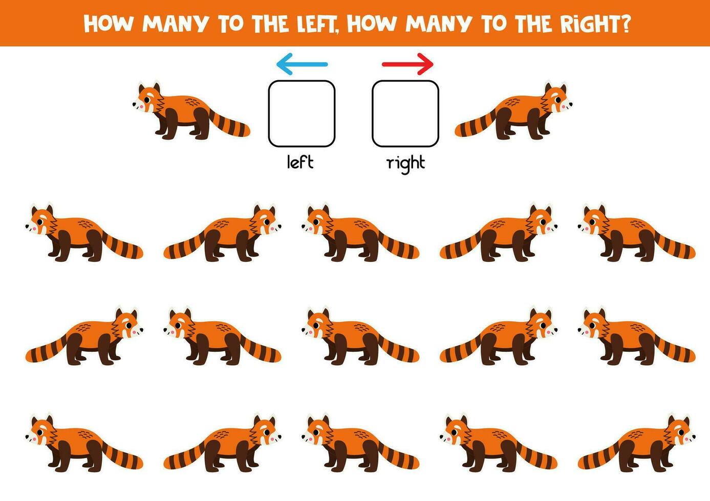 Left or right with cute cartoon red panda. Logical worksheet for preschoolers. vector