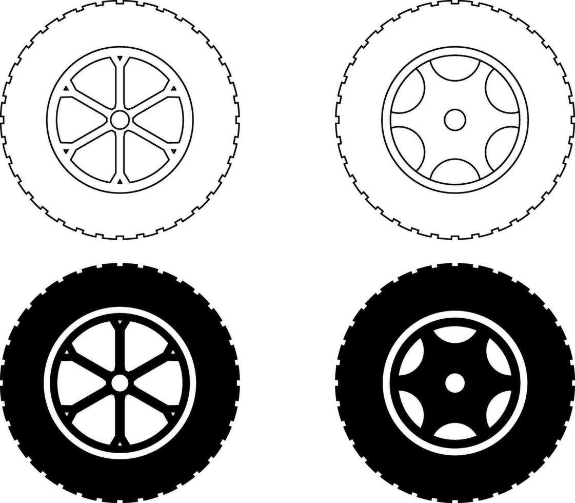 outline silhouette Tire and wheel icon set vector