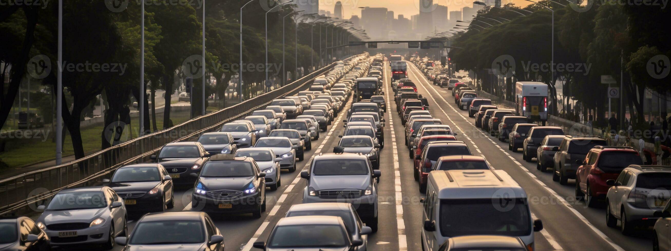 Shot of Traffic jam in road. Traffic jam at rush hour. traffic block at road Generative AI photo