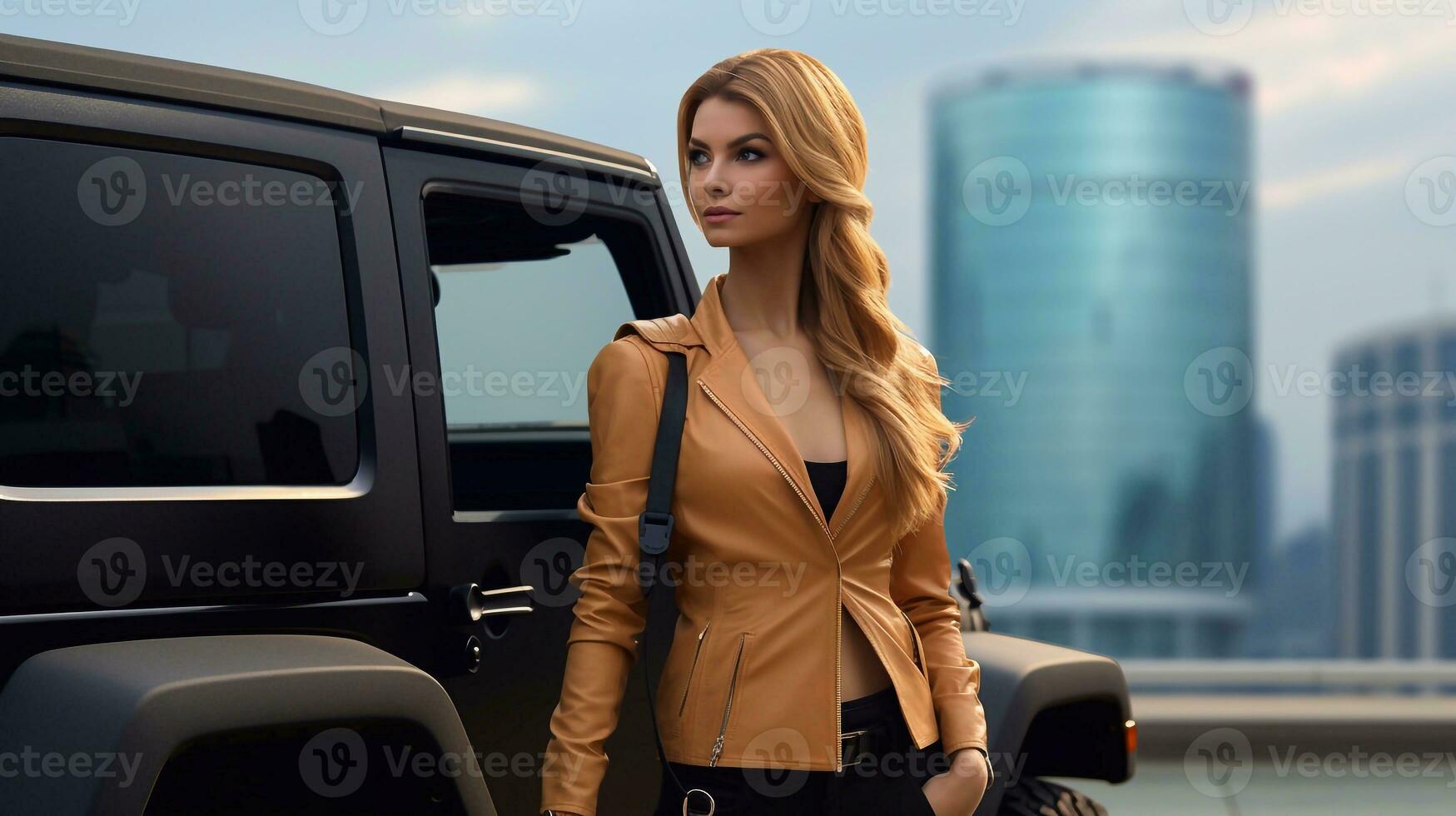 A image of Beautiful young woman in a brown leather jacket with a black car. Generative AI photo