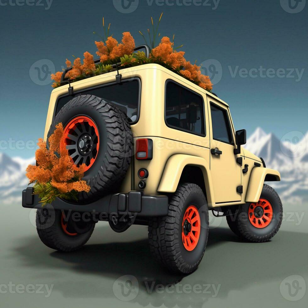 car ready for marriage 3D rendering of a brand less generic car or jeep in a modern interior Standing in the showroom Generative AI photo
