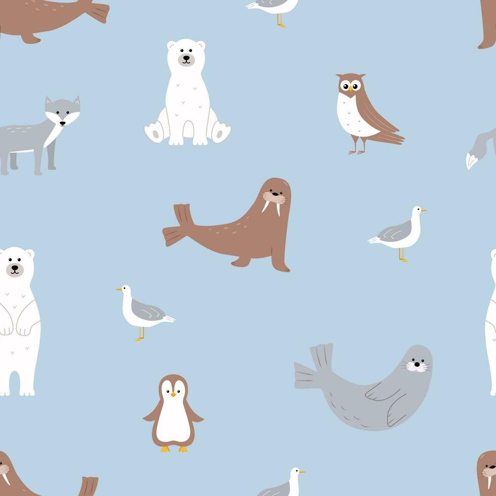 sin costura modelo linda ártico animales vector ilustración con gracioso polar animales polar oso morsa sello Gaviota escriba búho.