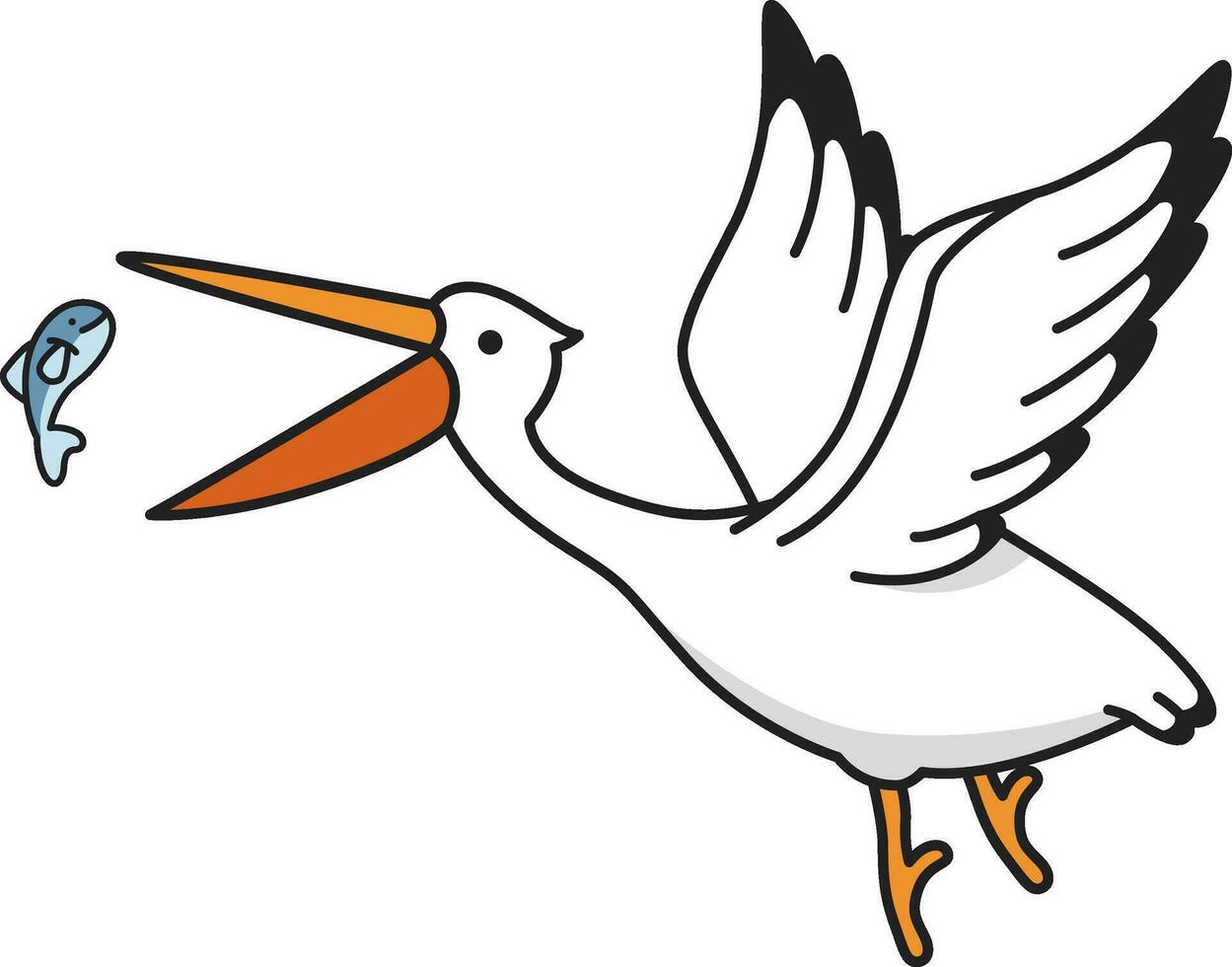 pelícano con pescado icono en dibujos animados estilo en un blanco antecedentes vector