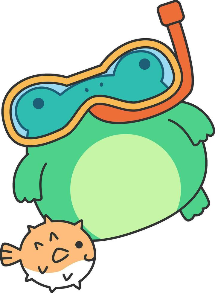 Cute frog with snorkeling mask and puffer. Vector illustration.